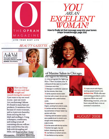 Maxine Salon's Creative Director Amy Abramite featured in The Oprah Magazine August 2008